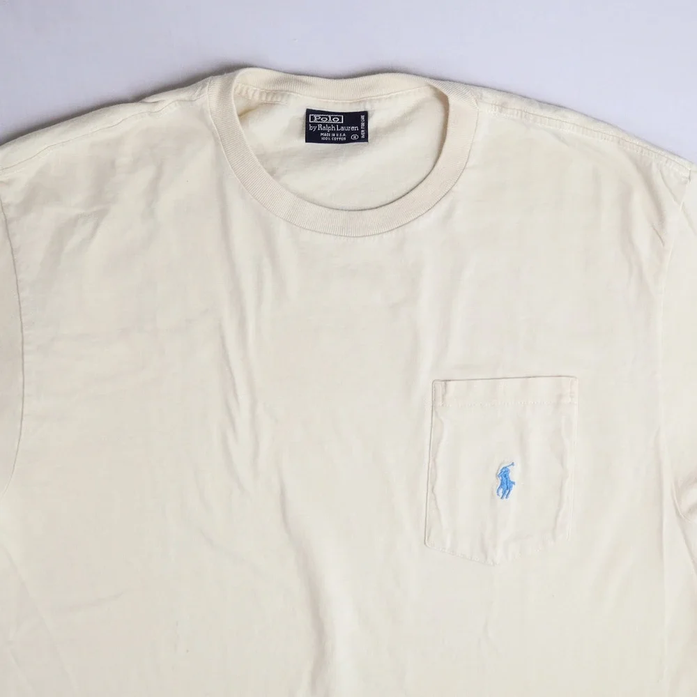 Vintage Polo Ralph Lauren Single Stitch Pocket Tee S Cream Made USA Cotton Pony - Picture 3 of 9